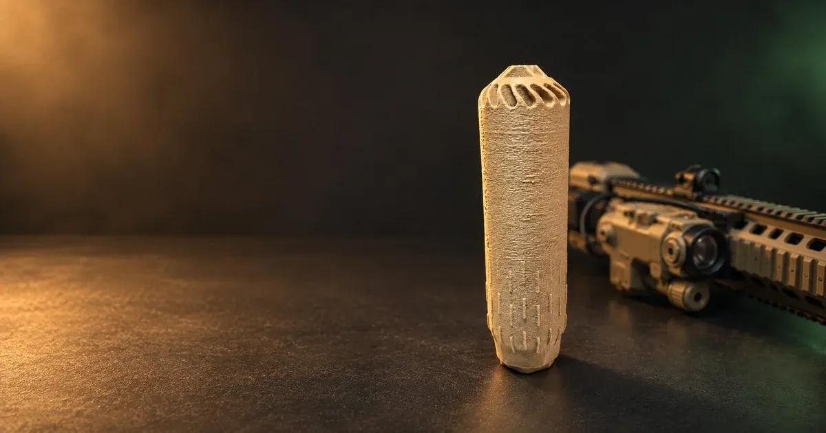 Carcasa táctica impresa en 3D junto a una réplica de airsoft