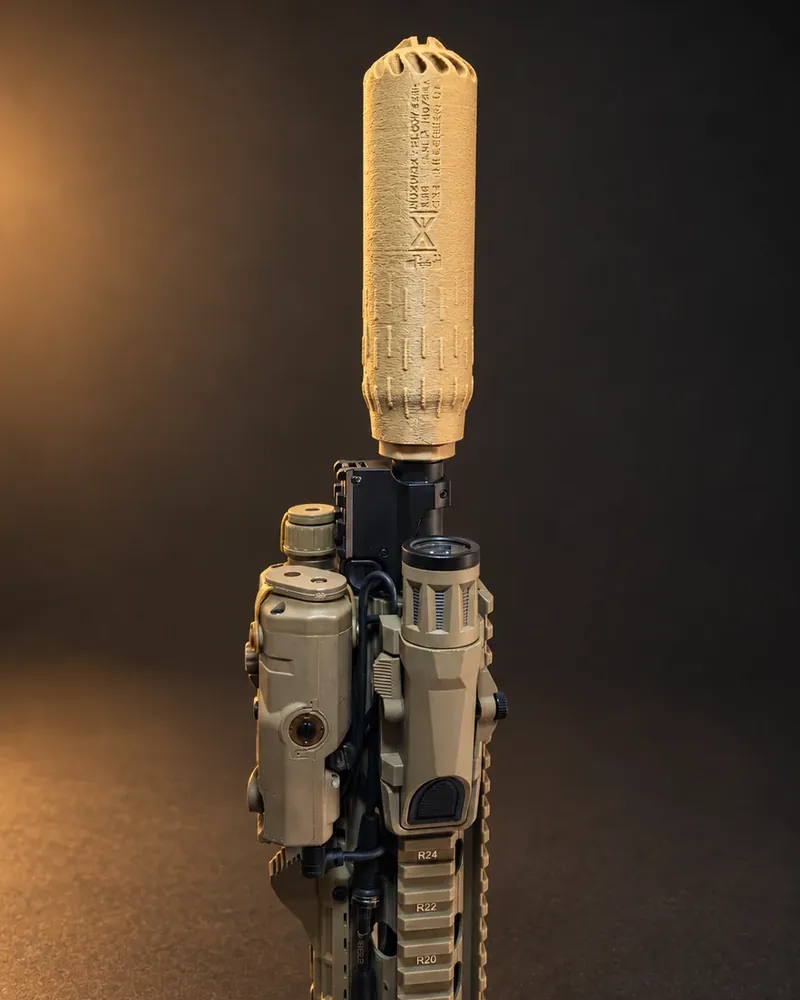 Carcasa táctica impresa en 3D montada en una réplica de airsoft