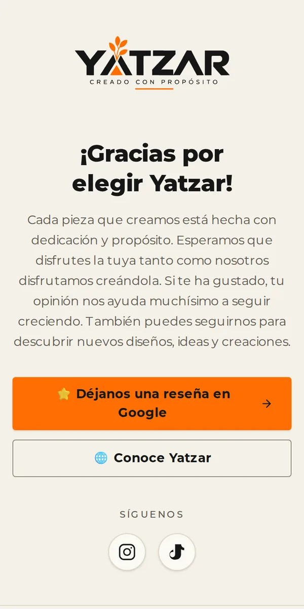 Landing de un enlace QR/NFC de YATZAR con botones para dejar una reseña en Google y conocer YATZAR